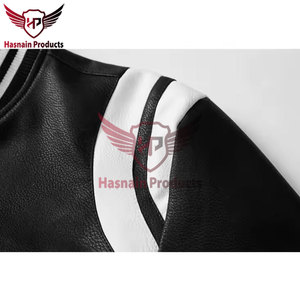 Chaqueta Varsity de Cuero Genuino para Hombre, Chaqueta Bomber de Béisbol Negra y Blanca con Cierre, Ropa Exterior Casual de Cuero - Product Image 5
