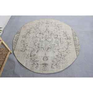 Alfombra de lana turca Beige Vintage de 4,4x4,4 pies, rectángulo clásico de área grande con patrón abstracto para dormitorio, pasillo, respaldo de látex - Product Image 1