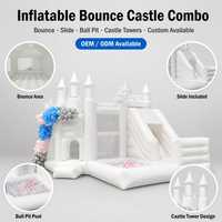 Château gonflable combiné en PVC avec toboggan, piscine à balles et tours pour location événementielle