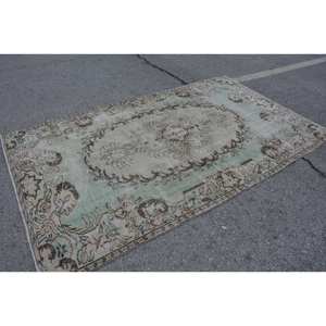 Tapis Vintage Turc 5.4 X 8.8ft Vert Beige Laine avec Motif Abstrait Style Tabriz pour Entrée ou Couloir 9x12 Rectangle - Product Image 2