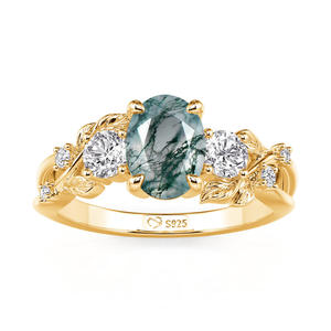 Jeulia Gold Plated Bypass Oval <b>Moss</b> <b>Agate</b> Fashion Engagement <b>Ring</b> - Product Image 3
