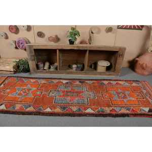 Alfombra turca Vintage de 3x9,7 pies, retales naranja y gris, material de lana y viscosa de estilo clásico, respaldo de látex para sala de estar - Product Image 4