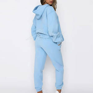 Ensemble de survêtement d'hiver en toile unie pour femme, tenue décontractée, logo personnalisé, 100 % coton, ensemble 2 pièces long, vente directe usine pour la vente en ligne - Product Image 3