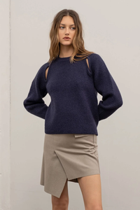 Pull en tricot bleu foncé avec découpes aux épaules, manches classiques, couleur unie, pull-over, mode automne pour femmes - Product Image 4