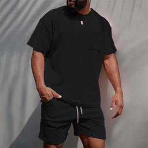 2025 américain lourd couleur unie petit décolleté T-shirt à manches courtes hommes été 425G Shorts Sports et loisirs costume ample - Product Image 4