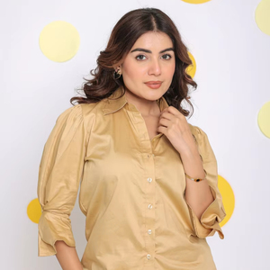 Camisa de lino de algodón beige liso para mujer Patrón occidental de algodón puro Camisa sólida Cuello Escote Botones Disponibles Tallas grandes - Product Image 2