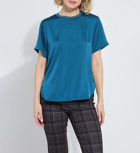 Blusa Casual de Satén para Mujer, Color Verde Azulado, con Dobladillo Curvo, <span class=keywords><strong>Manga</strong></span> <span class=keywords><strong>Corta</strong></span>, Cuello Redondo, Corte Holgado, Tipo Seda, Venta al Por Mayor OEM/ODM - Product Image 1