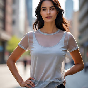 Camisas de malla transparente con botones OEM transparentes sexis camisas de manga larga con cuello vuelto camisas cortas de malla transparente transparentes para mujer - Product Image 3