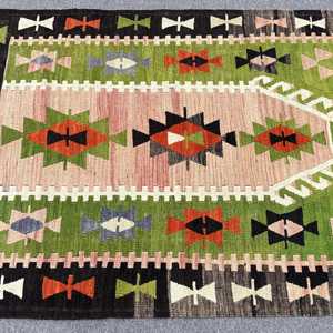พรมตุรกีวินเทจ ขนาด 2.9x4.1 ฟุต (87x124 ซม.) พรมขนสัตว์สีเขียวคิลิม - Product Image 3