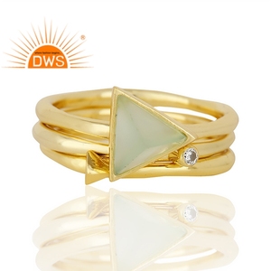Última tendencia Plata esterlina Chapado en oro Cz & Aqua Calcedonia Piedra preciosa Juego de 3 Anillo apilable Demi Fabricación de joyería fina - Product Image 2