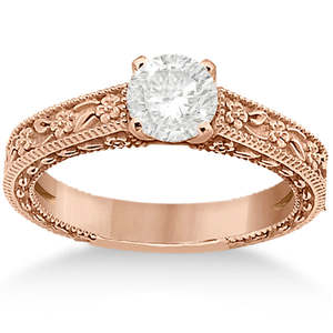 14K Rose Gold <b>Fine</b> <b>Jewelry</b> <b>Set</b> Carved Floral Wedding Engagement Ring & Band - Product Image 5