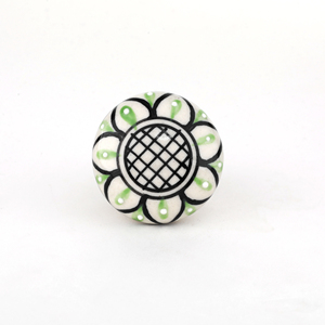 Bouton de tiroir rond en céramique blanche finition Antique artisanale avec design floral vert pour armoires commodes placards et armoire - Product Image 1