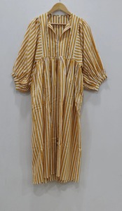 Vestido MIDI lavable ecológico con estampado de bloques, minivestido de cuello profundo con cordón, diseño de rayas largas - Product Image 4