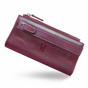 Bande de main zippée en cuir véritable Long portefeuille pour femme Design spécial couleur rouge foncé Taille 9.5cm-18.5cm-2cm Premium - Product Image 1