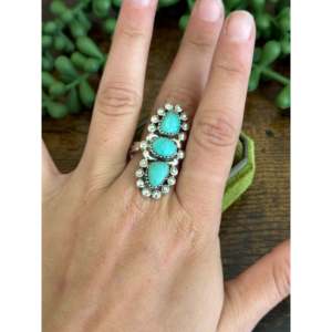 Southwest Handmade Kingman Turquoise Sterling <b>Silver</b> <b>Adjustable</b> Cluster <b>Ring</b> - Product Image 2