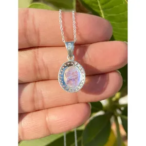 925 <b>Silver</b> Oval Rainbow Moonstone <b>Necklace</b> with Bezel Setting Inlay Technology - Product Image 3