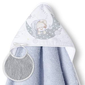 Toalla de Baño para Bebé Recién Nacido con Diseño de Oso Durmiendo, 1x1 MT. Mod. Tela de Rizo Estampada con Dibujos Animados en Gris para Uso en el Baño - Product Image 1