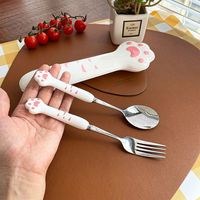 Ensemble de couverts mignon avec poignée en forme de patte de chat, cuillère, fourchette, couteau en céramique, acier inoxydable, vaisselle kawaii pour enfants, ensemble de vaisselle créatif