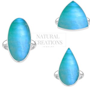 Anillo de Compromiso Unisex de Plata de Ley 925 con Acabado de Alta Calidad, Engaste de Bisel, Piedra Lunar Verde, Forma de Trillón, Ovalada y de Pera, Estilo Clásico - Product Image 1