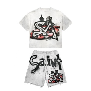 Conjunto de Camiseta y Pantalones Cortos de Algodón con Cuello Redondo, Estampado de Serigrafía Personalizable, Ecológico, Estilo Urbano para Hombre, Diseño de Auto de Carreras, Verano - Product Image 3
