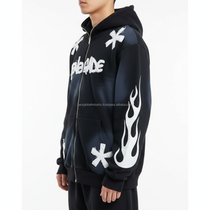 Sweat à capuche unisexe personnalisable avec fermeture éclair, badge et pompon, dernier design, broderie 3D vieillie, effet soleil délavé, coupe oversize, coupe-vent - Product Image 6