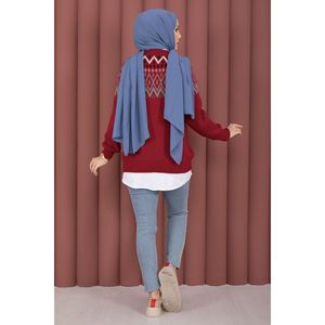 เสื้อคลุมคาร์ดิแกนไหมพรมสีแดงทรงหลวมสำหรับผู้หญิง ลายดอกไม้สไตล์ชาติพันธุ์ ระบายอากาศได้ดี เหมาะสำหรับใส่ลำลองในฤดูหนาวและฤดูใบไม้ร่วง - Product Image 5