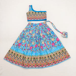 Lehenga Choli pour enfants à imprimé floral bleu entièrement cousu par Shoryam Fashion - Costume ethnique indien élégant à une épaule pour filles, tenue de fête - Product Image 1