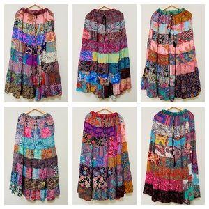 Falda de seda estilo bohemio para mujer, hasta el tobillo, con diseño de patchwork y pliegues multicapa, tela de seda tipo sari transpirable, talla única - Product Image 3