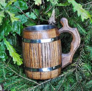 Handmade Wooden Beer Mug Wood Stainless Steel <b>Cup</b> Gift Natural Wood Retro Beige Metal Flask Beer Barrel Mug - Product Image 3