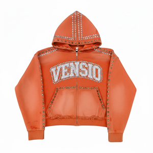 Premium Quality Custom Zip Rhinestone Heavyweight Cotton French Terry Acid Stone Washed Vintage Autumn Streetwear Eco-Friendly - Product Image 1