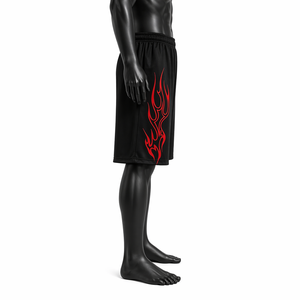 Pantalones Cortos Deportivos Casuales para Hombre, Personalizados, Negros, Estilo Urbano, OEM ODM, con Estampado de Llamas Rojas, Cintura Elástica, Corte Holgado - Product Image 4
