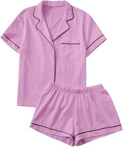 Pijama de dos piezas de algodón con cuello entallado y manga corta para mujer - Product Image 1