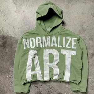 Sweat à capuche en coton éponge lourd imprimé de logo personnalisé sans ficelles Patchwork ourlet brut sweat à capuche court pour hommes - Product Image 4