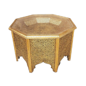 Table d'appoint marocaine moderne, table basse ronde dorée vieillie avec plateau large en verre miroir pour salon, fabricant grossiste - Product Image 6