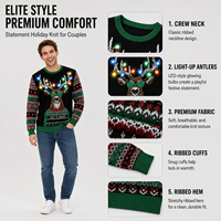 Pull de Noël moche FNJIA pour homme et femme, avec rennes lumineux LED et lunettes, en jacquard tricoté, idéal pour les fêtes de fin d'année