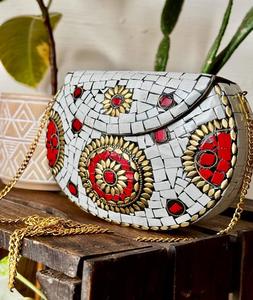 Elegant Metal Mosaic <b>Clutch</b> with Pearl Strap Handmade Engraved Party Purse for <b>Brides</b> and Fashionable Evenings - Product Image 4