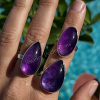 Bagues en améthyste naturelle plaquées argent 925, forme goutte d'eau, style bohème, bijoux de mode pour femmes, pierre de naissance de février