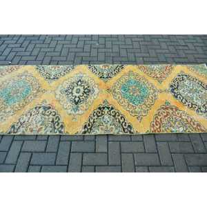 3.2x8.6 ft Vintage Rug, Turkish Runner Rug, <b>Yellow</b> Green Plants & trees Rug - Product Image 3