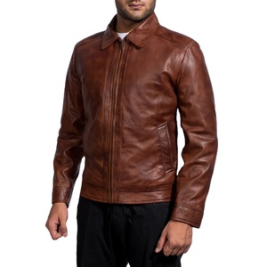 เสื้อแจ็คเก็ตหนังแท้ทรงสลิมฟิตสีน้ำตาลสำหรับผู้ชาย ดีไซน์แฟชั่นคลาสสิก ปักลายตัวอักษร Biker สำหรับขี่มอเตอร์ไซค์ - Product Image 2