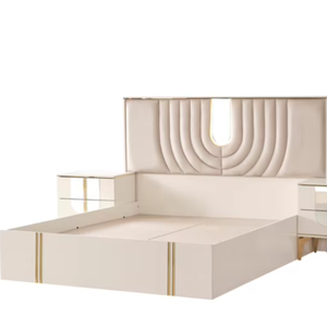 Cama Tapizada Europea E Atlantis Cream con Cabecera LED, Disponible en Tamaños Queen/King, Base de Almacenamiento Opcional - Product Image 1