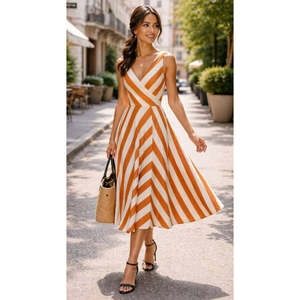 Robe midi Dalgic à rayures, col à revers, sans ceinture, Kadin Askili Kruvaze, 37941 - Orange - Product Image 3