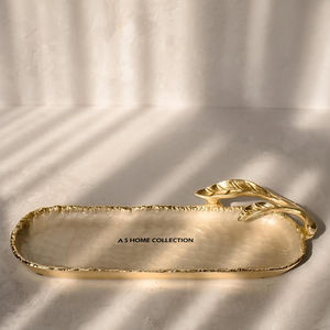 Fantastic Golden Leafy <b>Side</b> Handle Design White Enamel Color Decorative Serving Tray Irregular Shape Food & Dessert Use - Product Image 1