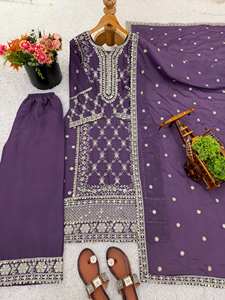 Conjunto de Top Tradicional para Mujer de Alta Calidad, Color Morado Intenso, Chinnon de Secado Rápido, con Pantalones Plazzo y Dupatta, para Fiestas y Eventos Festivos - Product Image 6
