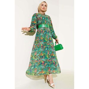 Robe mousseline plissée ceinturée Vert Perse - Product Image 3