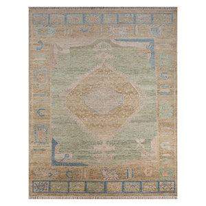 Tapis en laine noué à la main Erbe Green, grand format 9x12, motif médaillon rectangulaire abstrait, pour la maison, le couloir, l'entrée, le bureau - Product Image 1