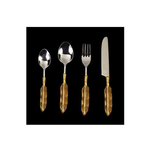 4 Cuillères à Dessert en Acier Inoxydable 4 Pièces Vaisselle Restaurant Argent Set Couteau à Beurre et Fourchette Cuillère Rustique Manche en Laiton - Product Image 1