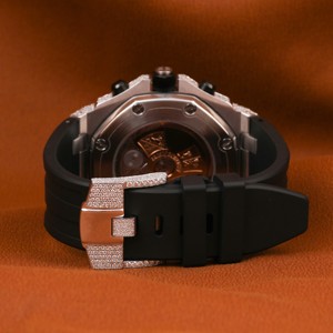 Moissanite นาฬิกาข้อมือสแตนเลสสตีลเพชรสำหรับผู้ชายหน้าปัดกลมสายสีดำยางเข็มขัด Hop Hop มีสไตล์หรูหรา - Product Image 3