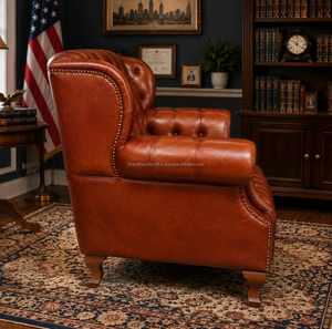 Modern Genuine Leather High Back <b>Armchair</b> with Ergonomic Design and Wooden Legs Comfortable Accent Chair for Living Room Hotel - Product Image 2