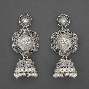 Kriaa <b>Fine</b> <b>Cuff</b> <b>Earrings</b> Silver Plated Meenakari Matte Dangler with Stone 1312051F Model - Product Image 1