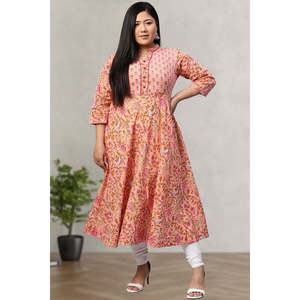 Ensemble Anarkali Kurta pour femmes en coton rose à imprimé floral, 48 pouces - Product Image 1